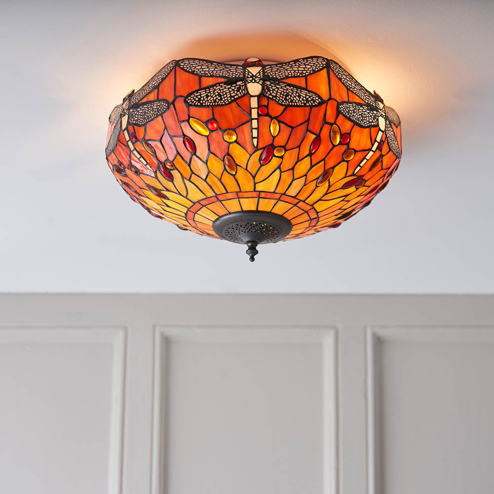 Alderworth Medium 2 Light Tiffany Flush Ceiling Light - Flame
