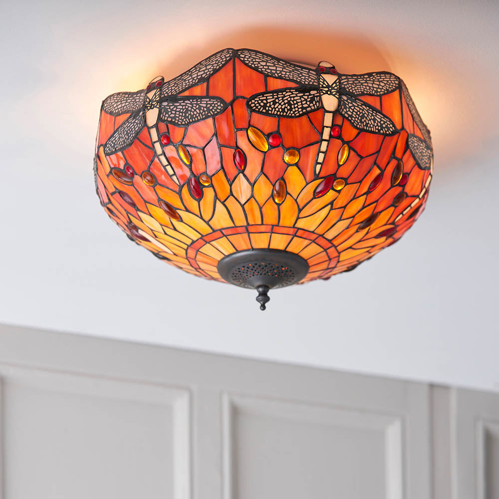 Alderworth Medium 2 Light Tiffany Flush Ceiling Light - Flame