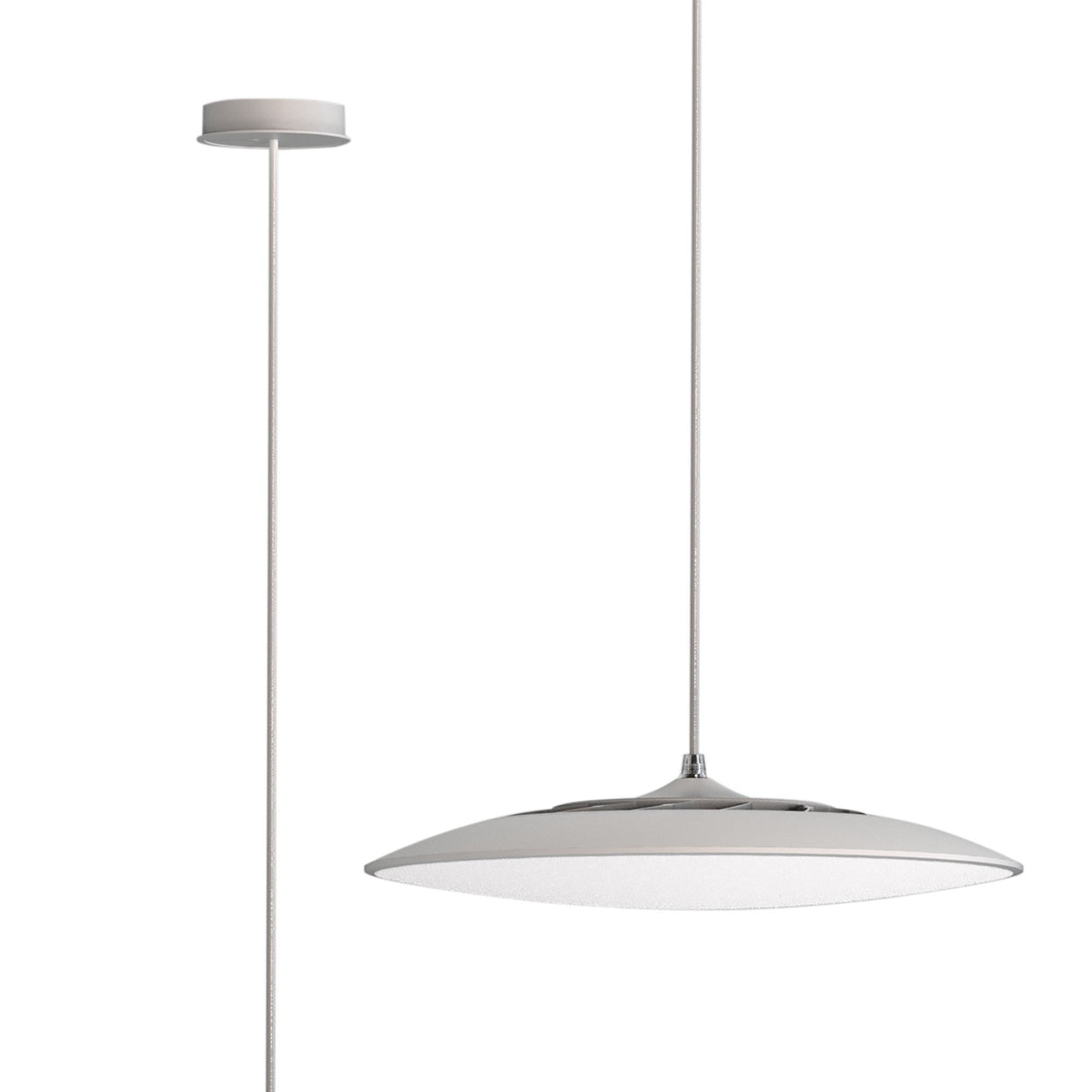 Mantra Slim 25cm round LED pendant light in matt white with frosted diffuser and ceiling rose, shown on a plain white background.