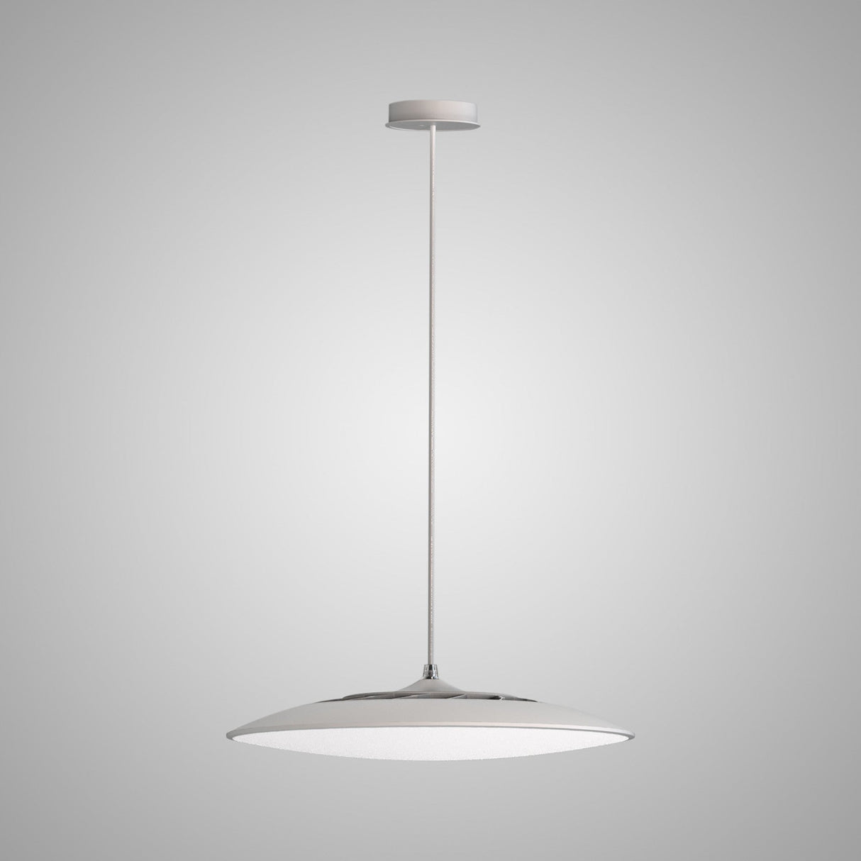 Mantra Slim 25cm round LED pendant light in matt white with frosted diffuser and slim ceiling cord, shown against a light grey background.