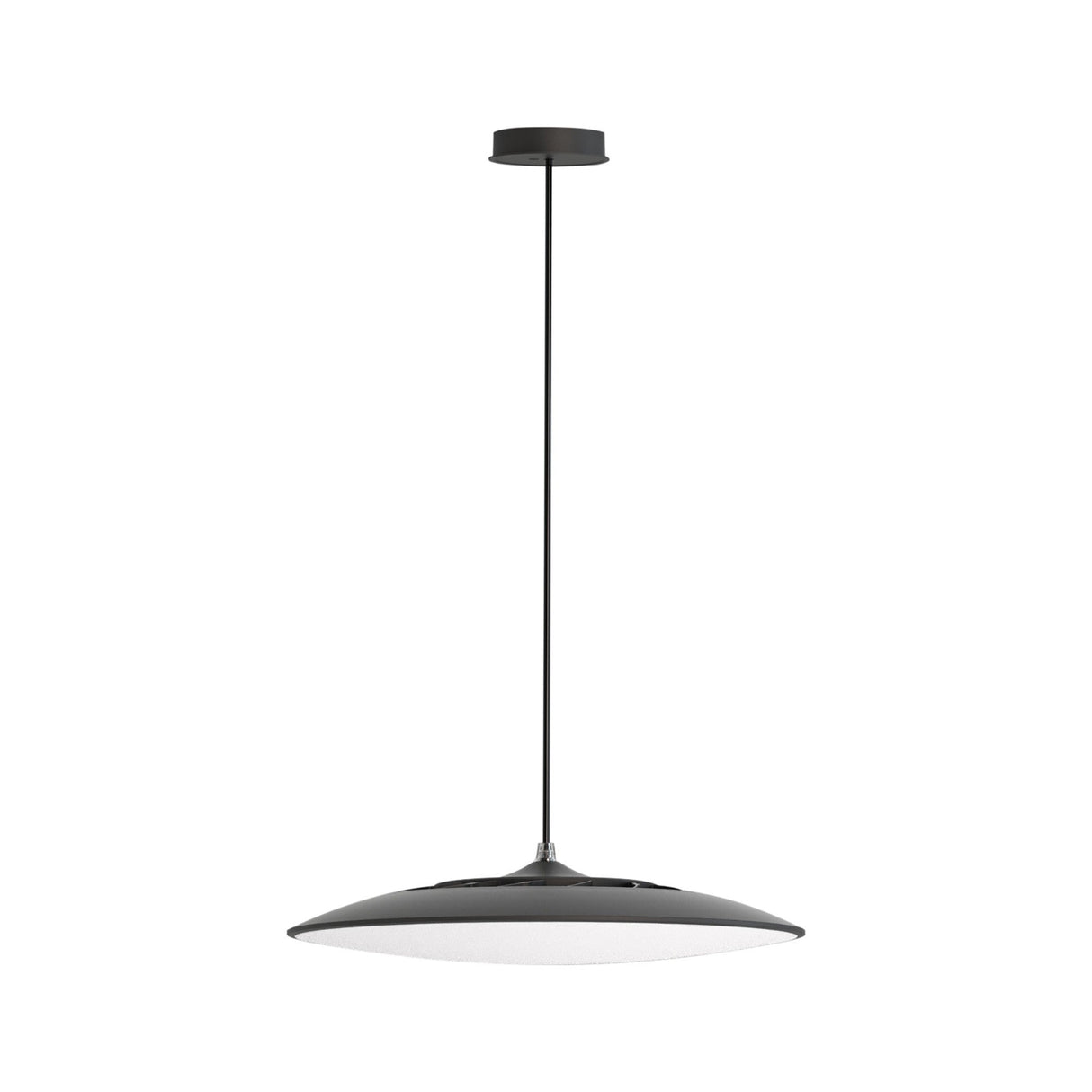 Mantra Slim 25cm round LED pendant in matt black with a shallow disc housing and frosted white diffuser, suspended from a slim cord on a white background.