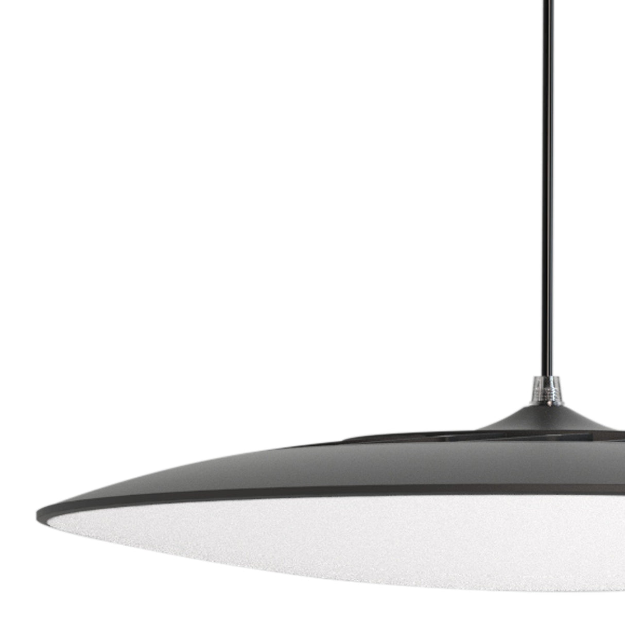 Mantra Slim 25cm round LED pendant light in matt black with shallow disc-shaped housing and frosted white diffuser, suspended from a slim drop rod.