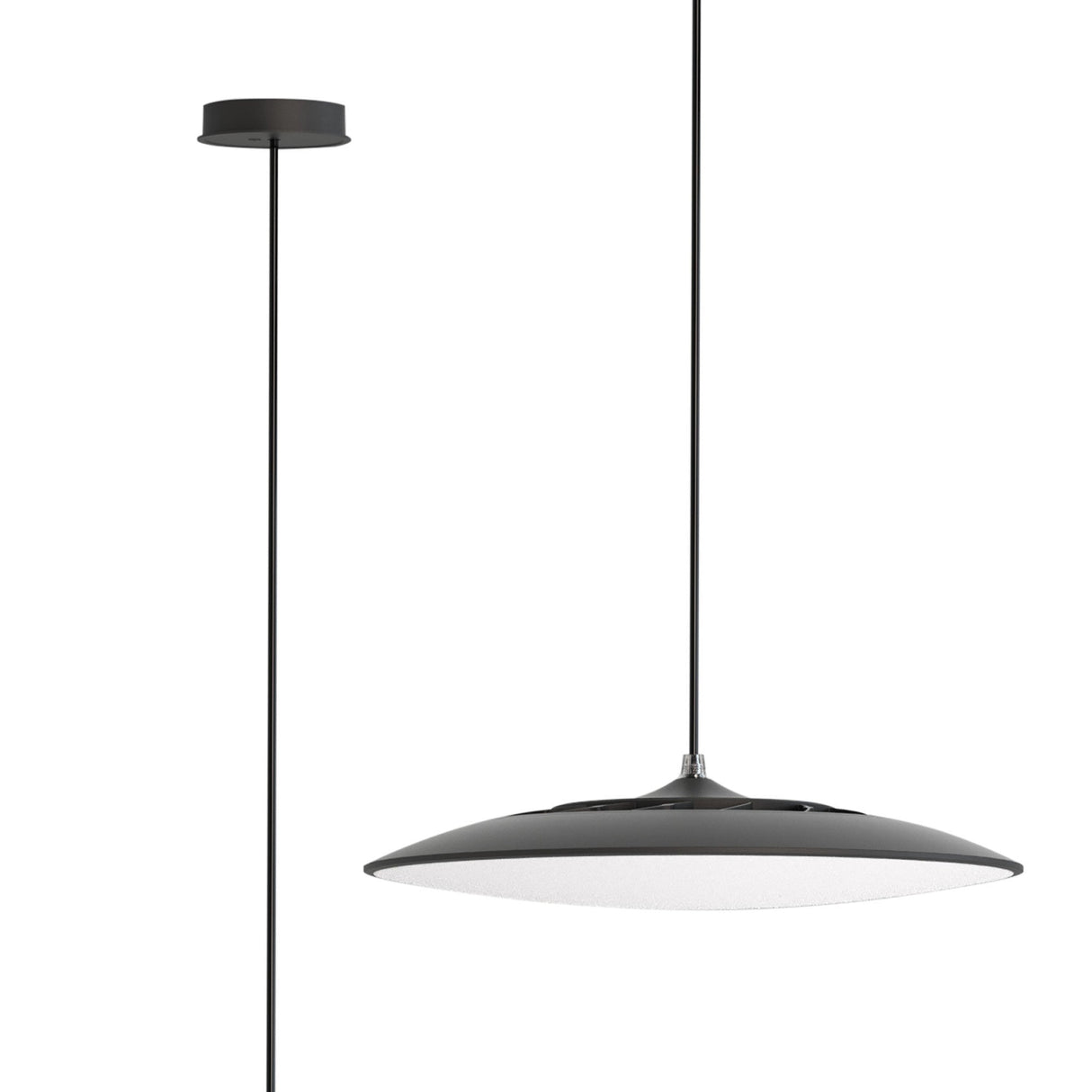 Mantra Slim 25cm round LED pendant light in matt black with frosted white diffuser, suspended from a slim ceiling rose on a plain white background.