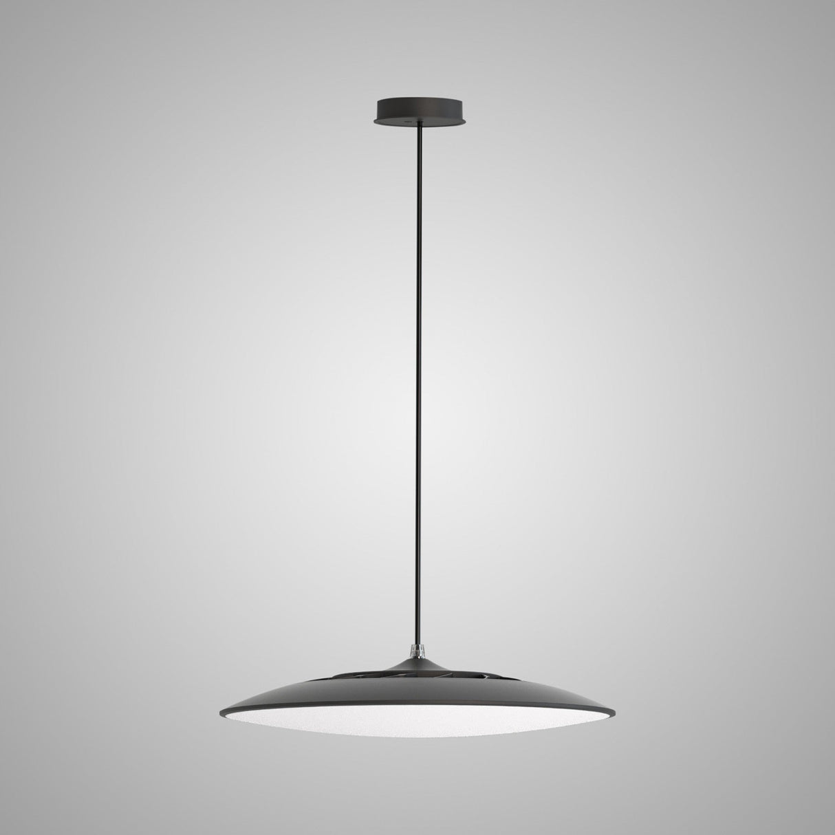 Mantra Slim 25cm round LED pendant in matt black with a shallow disc shade and frosted white diffuser, suspended on a slim drop against light grey.