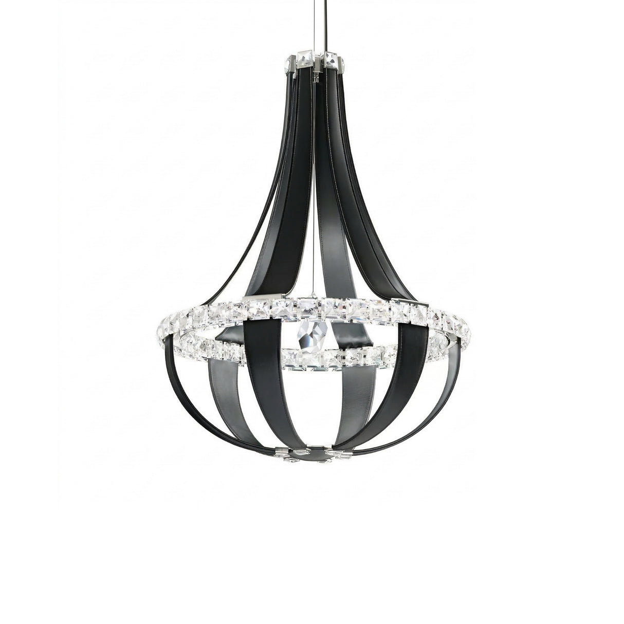 The Tessaro LED K9 Crystal & Leather Small Chandelier in Black features curved metal arms, a central crystal, and a ring of clear K9 crystals, all suspended by a single metallic cord for a striking modern look.