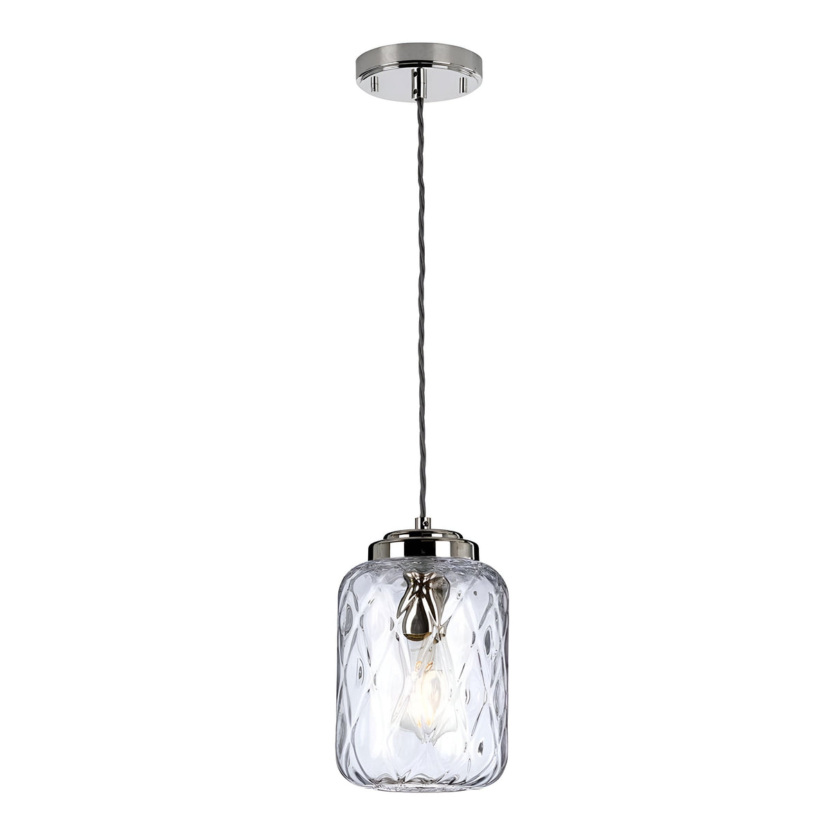 The Sola 1 Light Pendant in Polished Nickel features a clear glass, textured shade that beautifully highlights the vintage-style bulb within. Suspended by a black cord from its polished nickel ceiling fixture, this pendant light effortlessly adds elegance to any space.