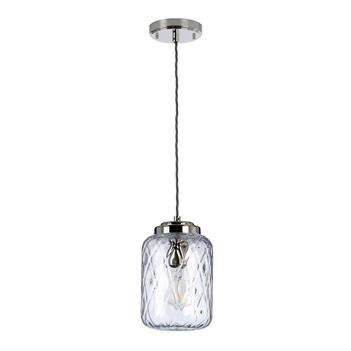 The Sola 1 Light Pendant features a polished nickel fixture and a clear glass shade with a diamond pattern, suspended from the ceiling by a cord with an exposed bulb inside.