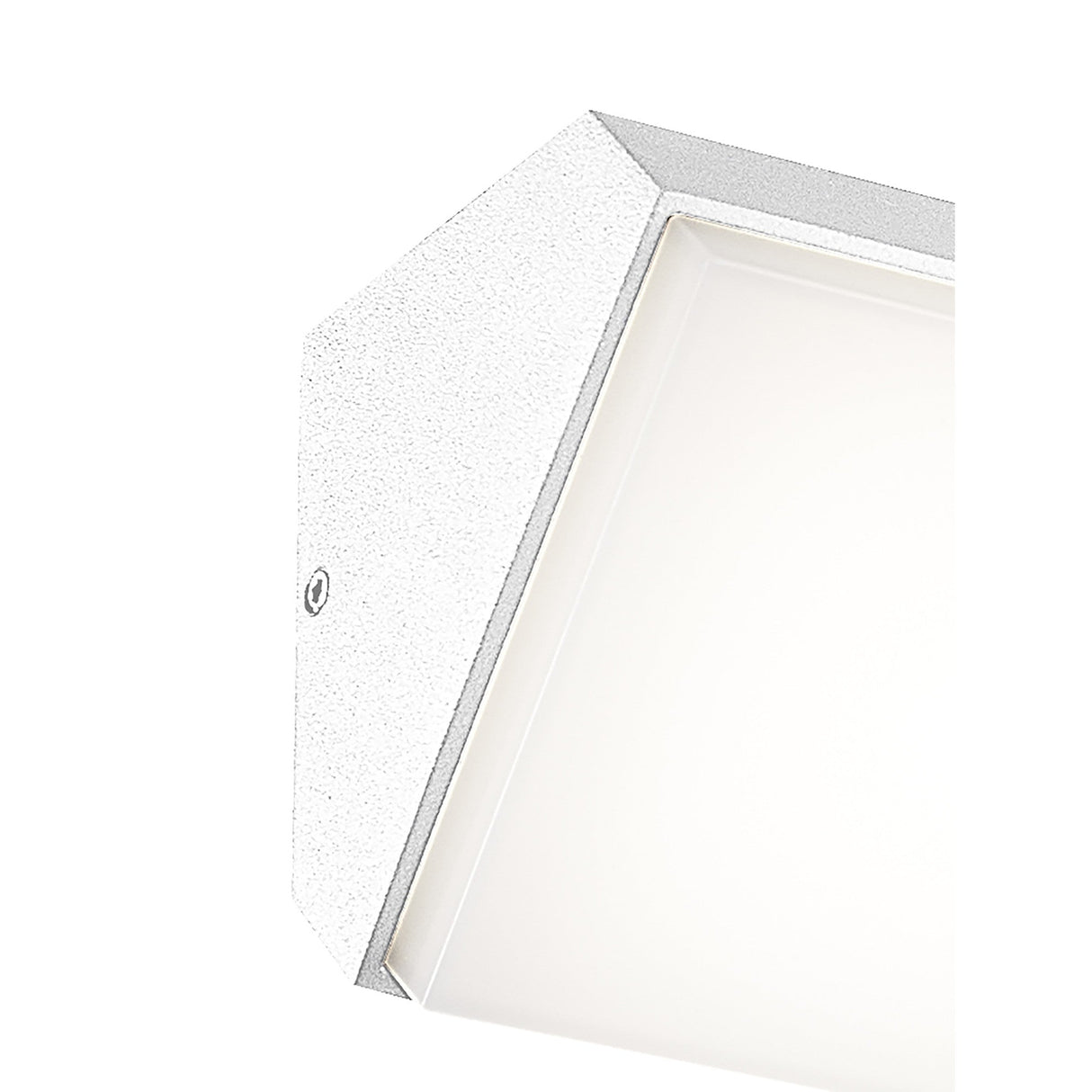 Mantra Solden outdoor LED wall light in white powder-coated aluminium, shown close-up with angled rain-deflecting top edge and frosted diffuser panel.