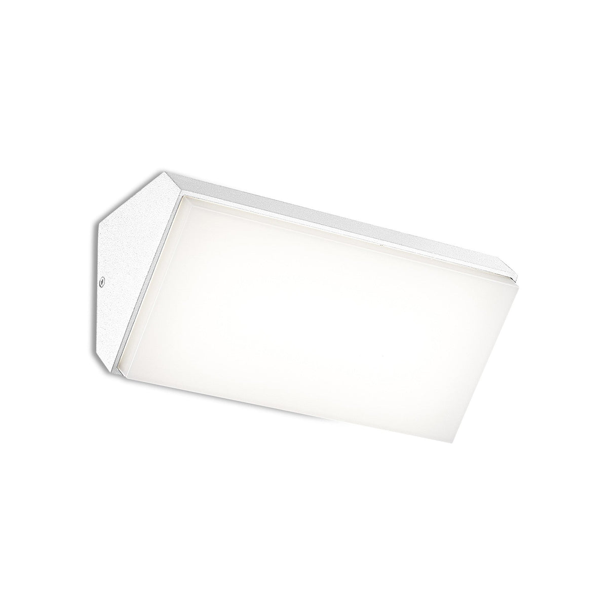 Mantra Solden outdoor LED wall light in white powder-coated aluminium with frosted diffuser and angled rain-shedding top, shown on a plain background.