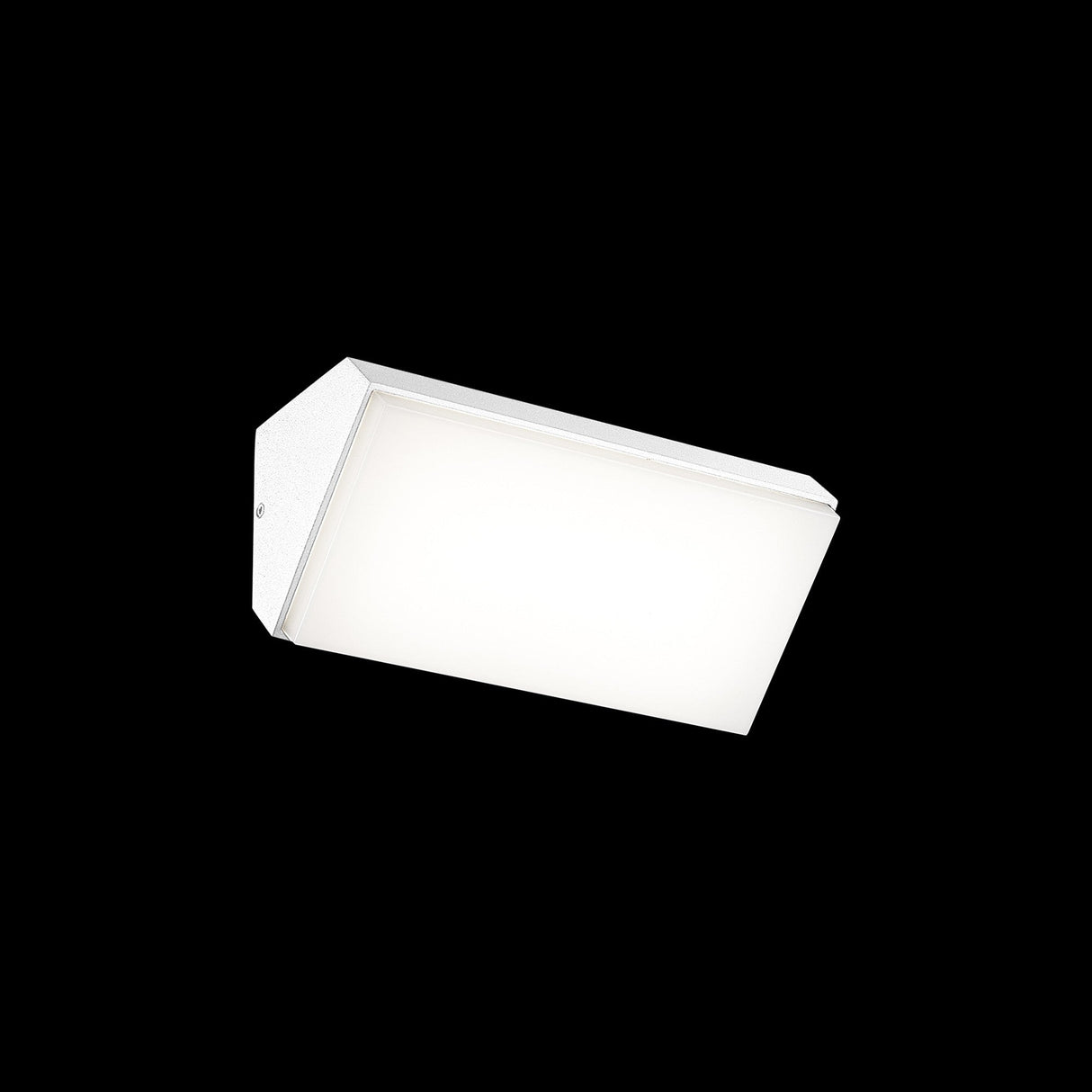 Mantra Solden outdoor LED wall light in white with an angled powder-coated aluminium housing and frosted rectangular diffuser, shown on a black background.
