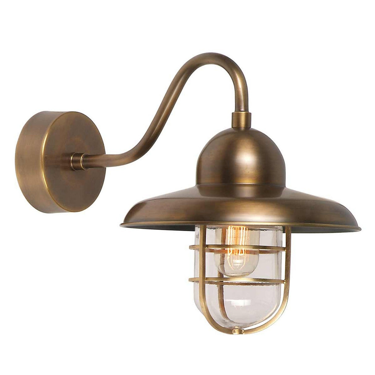 The Somerton 1 Light Outdoor Wall Light in Aged Brass boasts a vintage industrial design with its curved arm and dome-shaped shade. The bulb is securely housed within a metal cage, making it an ideal choice for any exterior space.