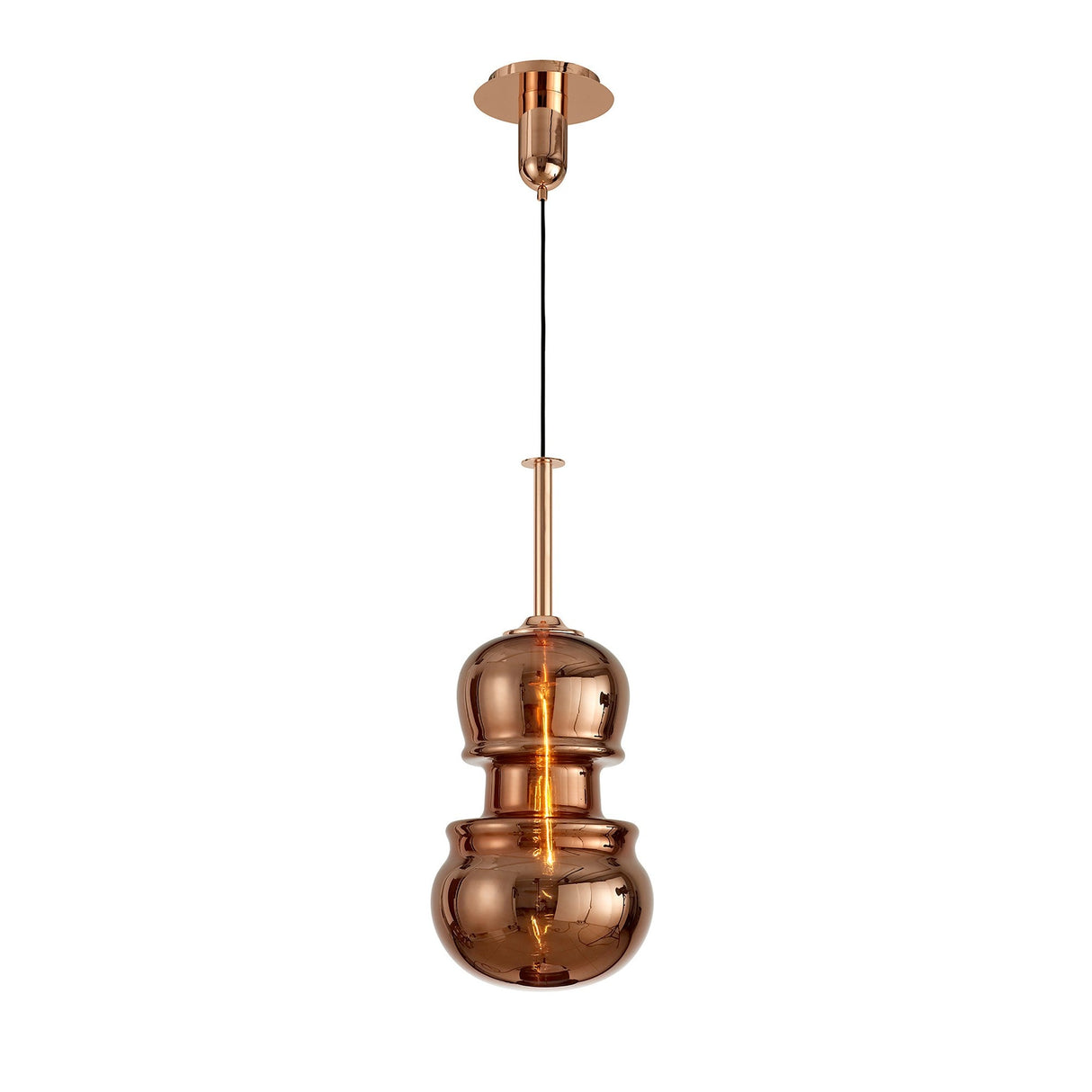 Mantra Sonata 29cm pendant light with hand-blown copper glass shade in a stacked double-bulb silhouette, suspended on a black cord from a copper canopy.