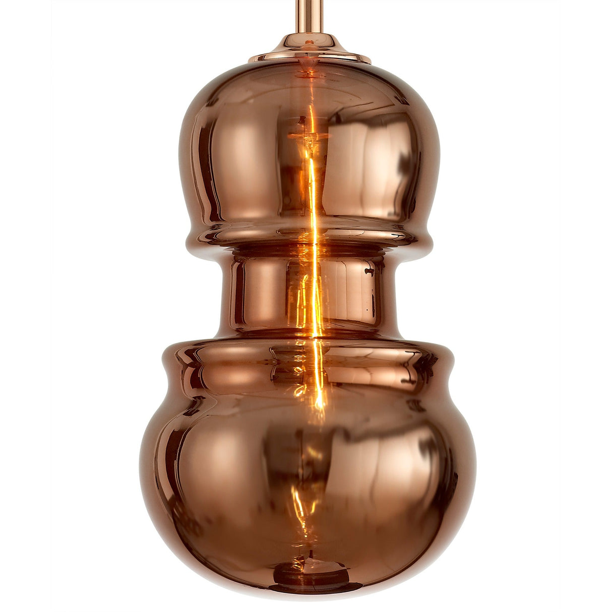 Mantra Sonata 29cm pendant light with hand-blown copper glass shade in a stacked double-bulb silhouette, lit E27 filament bulb visible through the tinted glass.