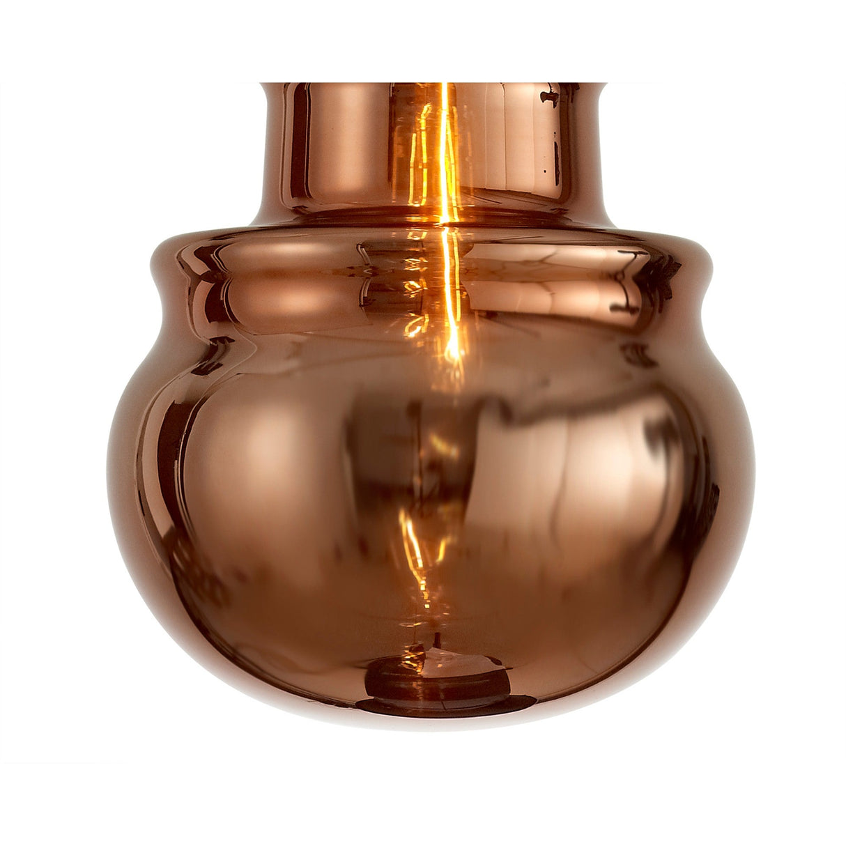 Close-up of the Mantra Sonata 29cm pendant light's hand-blown copper glass chamber with a glowing E27 filament bulb visible through the tinted shade.