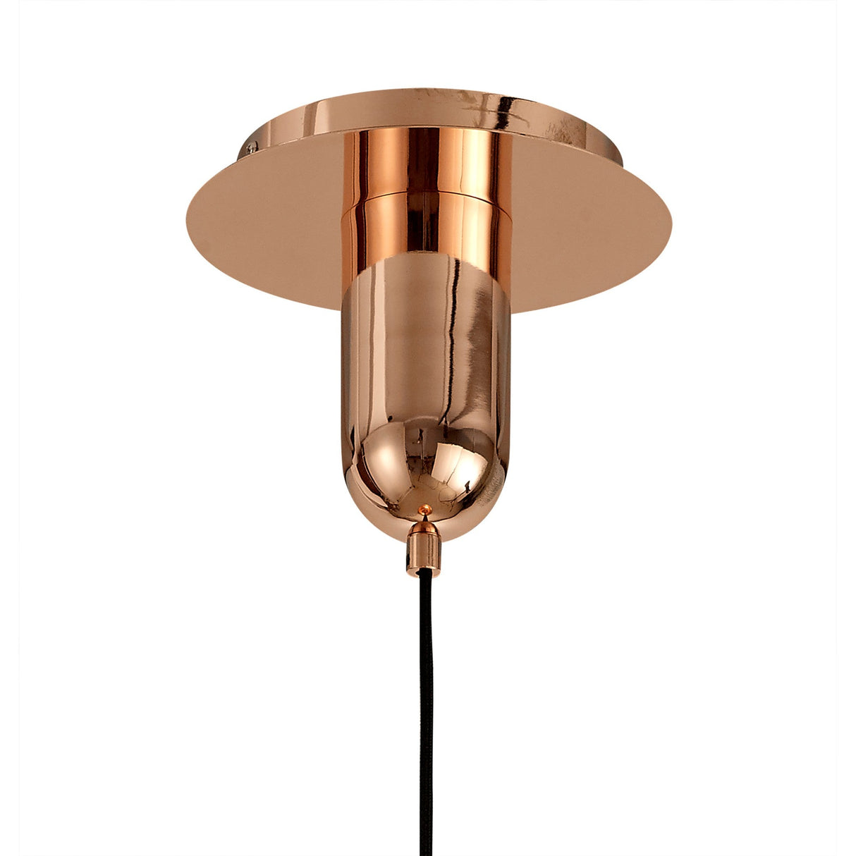 Close-up of the Mantra Sonata pendant light's polished copper ceiling canopy and cylindrical fitting with black suspension cord, on a white background.