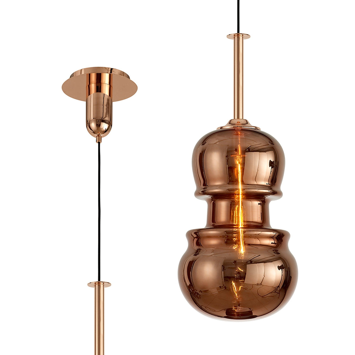 Mantra Sonata 29cm pendant light with hand-blown copper glass shade in a stacked double-bulb silhouette, shown beside its matching copper ceiling canopy.