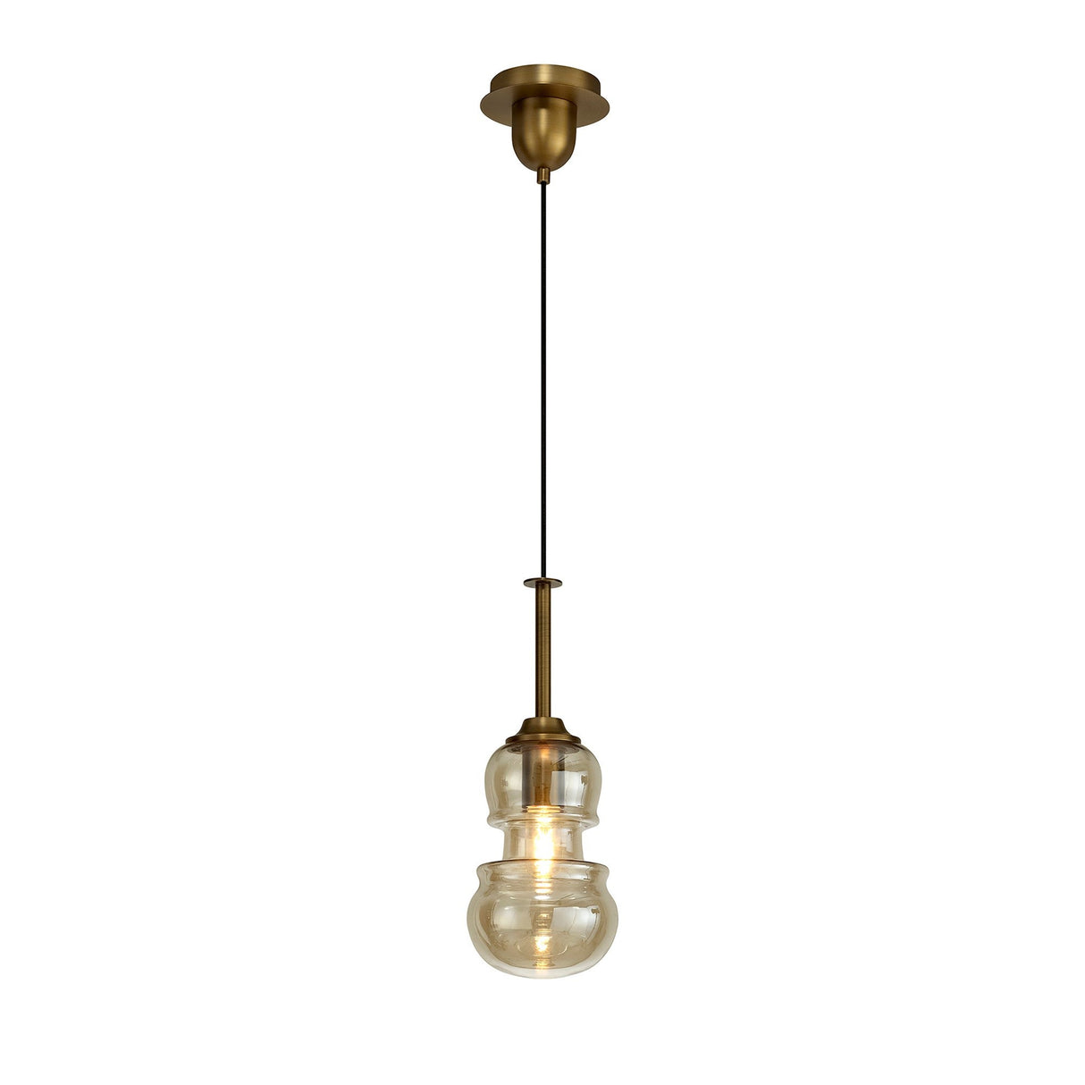 Mantra Sonata 1 Light pendant with hand-blown double-gourd bronze tinted glass shade on antique brass rod and canopy, shown on a white background.