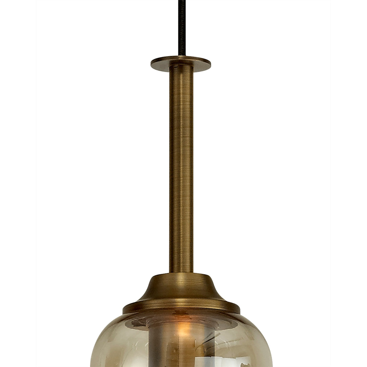 Close-up of the Mantra Sonata pendant light showing the antique brass suspension rod, canopy, and top of the bronze tinted glass shade.