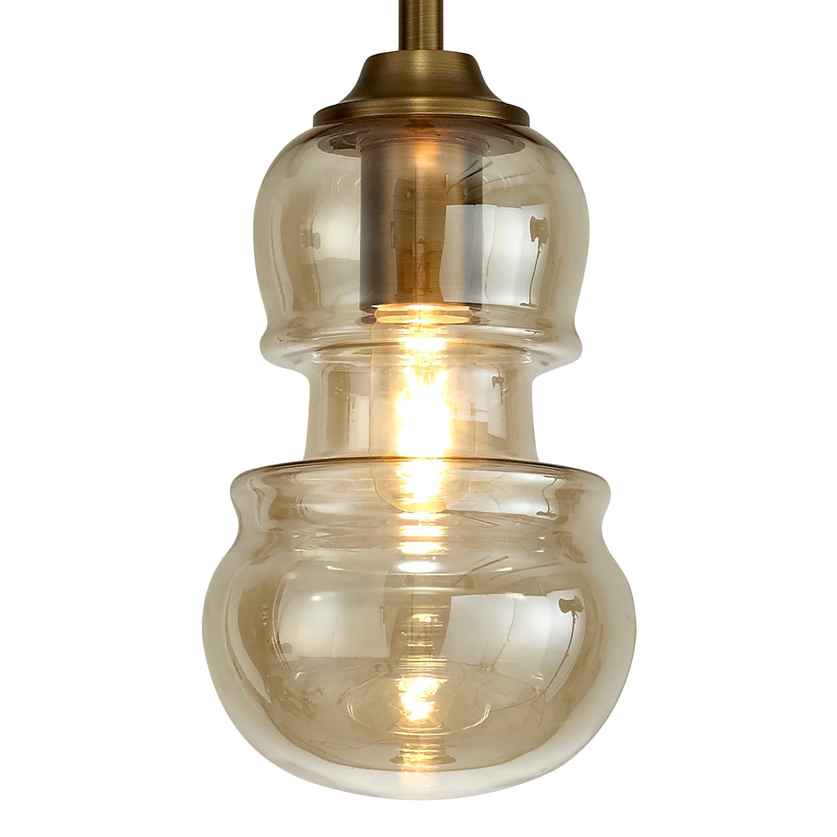 Mantra Sonata 1 light pendant with double-tier bronze hand-blown glass shade and antique brass suspension rod, illuminated E27 bulb glowing amber within.