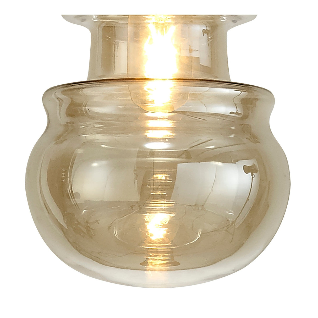 Close-up of the Mantra Sonata pendant light showing the hand-blown double-gourd bronze glass shade with a lit E27 bulb glowing warm amber within.