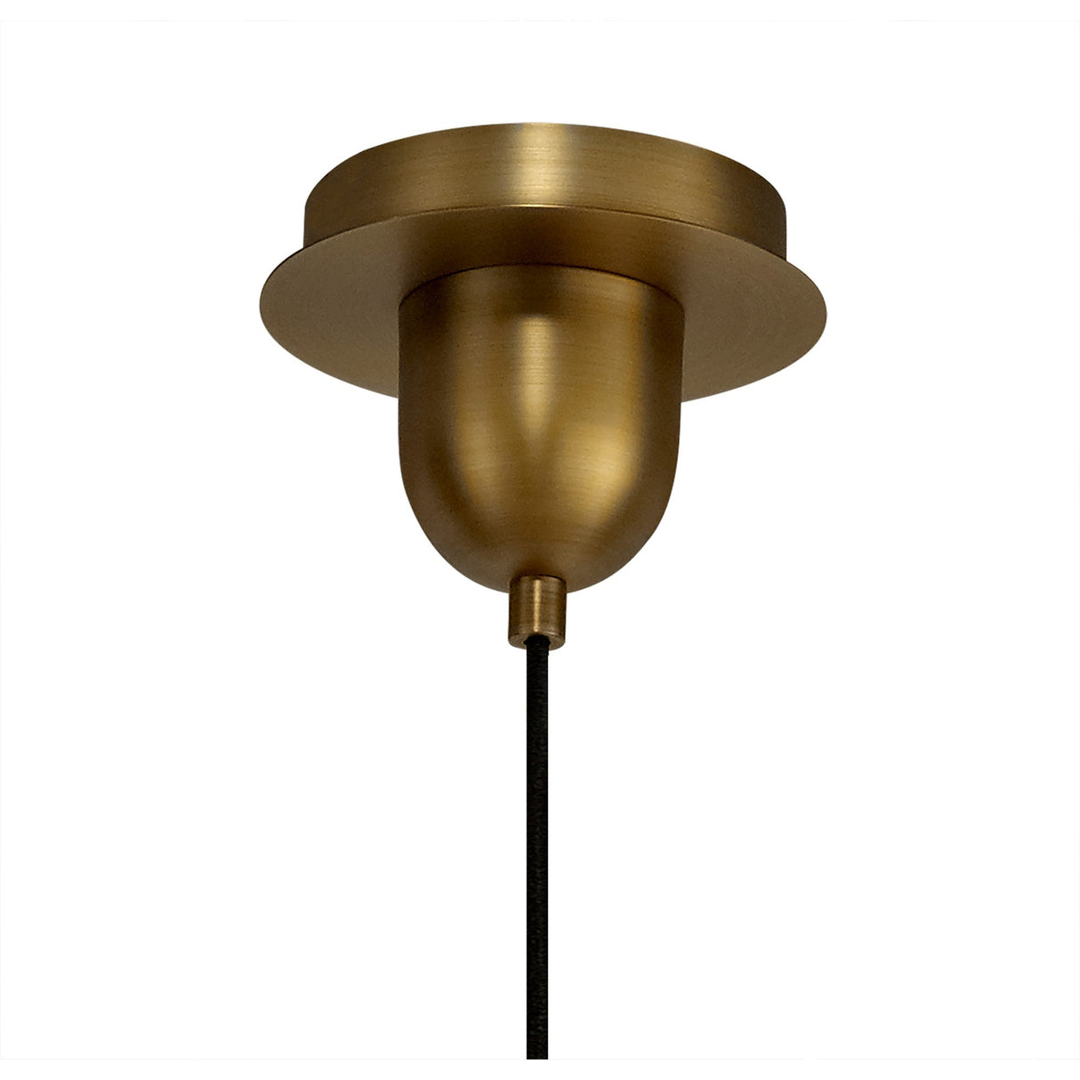 Close-up of the Mantra Sonata pendant light's antique brass ceiling canopy and rounded suspension cup with black cable, on a white background.