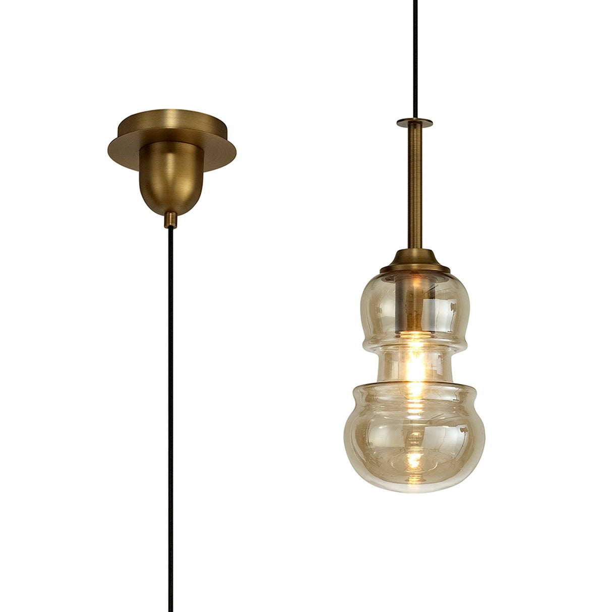 Mantra Sonata 1 Light glass pendant in bronze with double-gourd hand-blown shade and antique brass canopy and rod, shown on a white background.