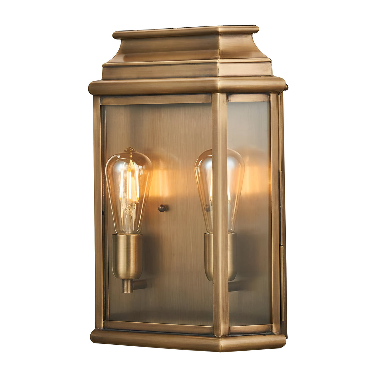 The St Martins 2 Light Outdoor Large Wall Light in Aged Brass exudes historical charm with its vintage-style design. It features two exposed filament bulbs housed behind a rectangular glass cover, offering clean lines and an antique finish for a warm, ambient glow.