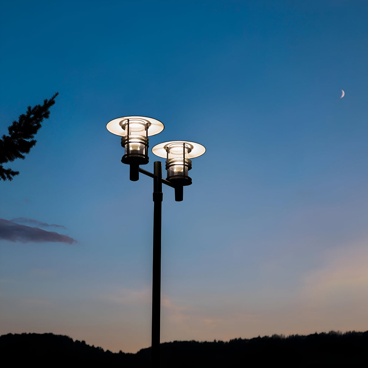 Two illuminated street lamps, similar to the elegant Stockholm 2 Light Twin Lamp Post - Black, stand against a twilight sky. A crescent moon adorns the right side while silhouettes of trees form a serene backdrop, embodying Scandinavian-inspired design in this tranquil outdoor lighting fixture scene.