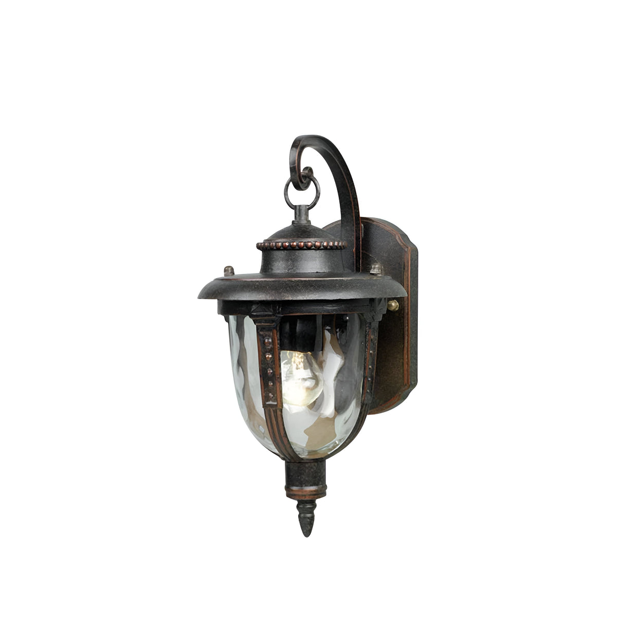 Introducing the St Louis 1 Light Outdoor Small Wall Light in Weathered Bronze, showcasing a classic vintage design. This wall light features a curved arm and decorative elements with an ornate metal frame. The hand-blown, textured glass adds to its timeless charm.