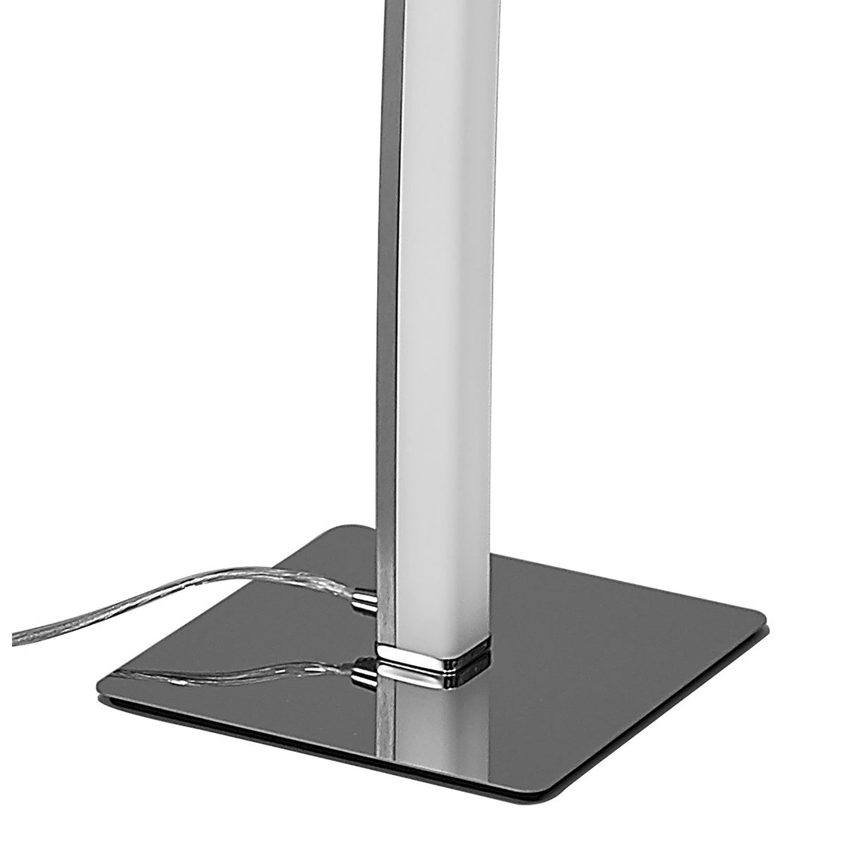 A close-up of the Surf Touch Dimmer LED Floor Lamp 23W 3000K in Nickel/Chrome shows its modern base with a shiny square metal plate and a power cord extending from it.