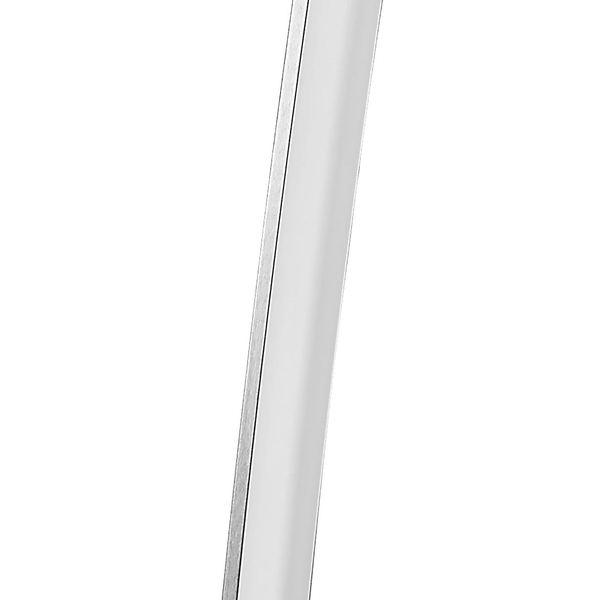 A close-up of the Surf Touch Dimmer LED Floor Lamp's shiny, curved nickel/chrome blade showcases its sleek, modern design and reflective surface against a white background.