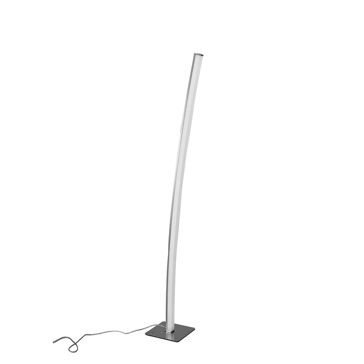 The Surf Touch Dimmer LED Floor Lamp 23W 3000K in Nickel/Chrome features a curved, silver design with a thin stem on a square base. Its power cord extends from the base and trails left, standing out elegantly against a white background.