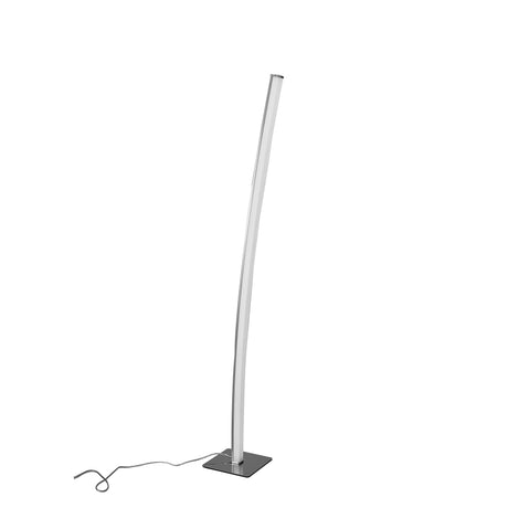 The Surf Touch Dimmer LED Floor Lamp 23W 3000K in Nickel/Chrome features a curved, silver design with a thin stem on a square base. Its power cord extends from the base and trails left, standing out elegantly against a white background.
