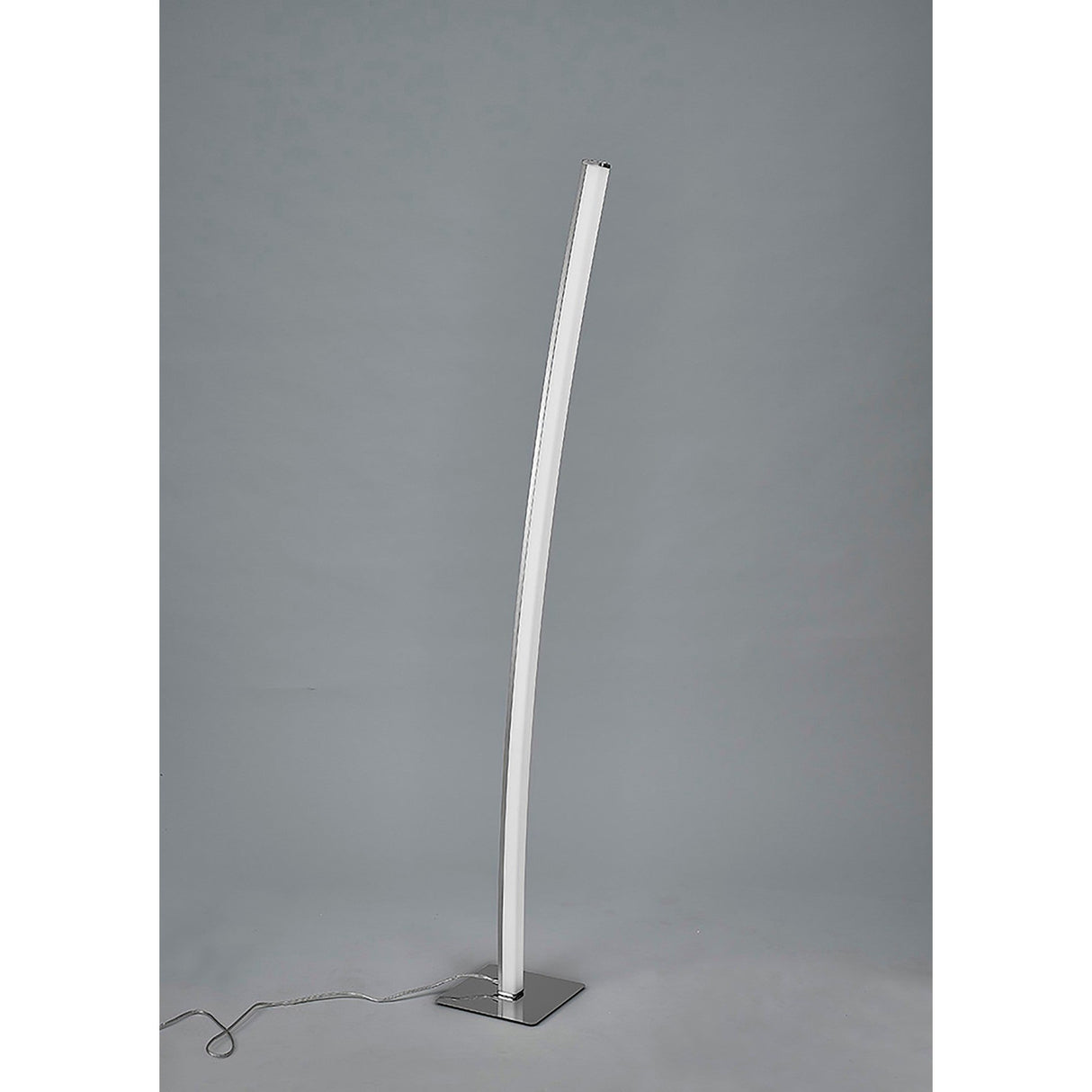The Surf Touch Dimmer LED Floor Lamp 23W 3000K - Nickel/Chrome features a tall, gently curved white body on a square metal base, adding sleek style and subtle elegance to any space, with a power cord extending from the base.