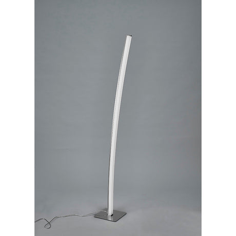 The Surf Touch Dimmer LED Floor Lamp 23W 3000K - Nickel/Chrome features a tall, gently curved white body on a square metal base, adding sleek style and subtle elegance to any space, with a power cord extending from the base.