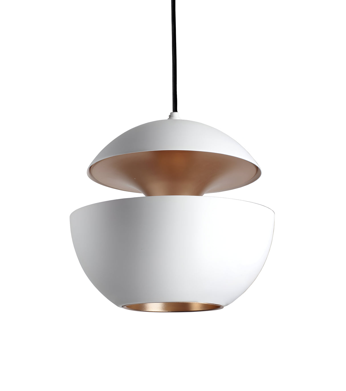 Discover the Ex-Display Core Pendant Copper & White - 35cm, a sleek white pendant lamp featuring two half-spheres with an inverted design. Its copper and white interior offers a golden allure, suspended by a black cord for an elegant modern look.