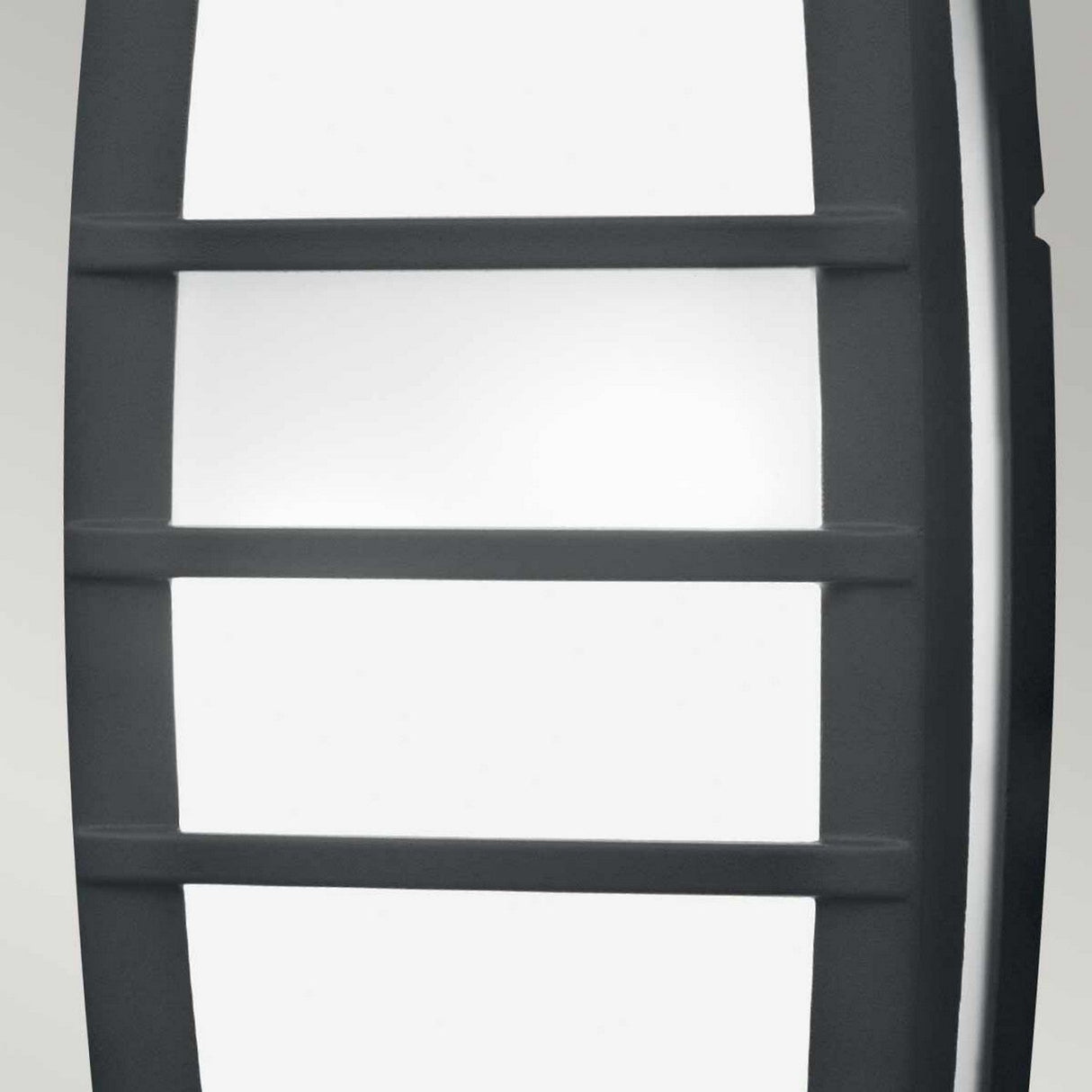 Close-up of the Sven 2 Light Outdoor Wall/Ceiling Light in graphite, featuring a modern rectangular frame crafted from die-cast aluminium and showcasing three horizontal bars across its white illuminated surface. Its sleek and minimalist design captures contemporary elegance, making it perfect for outdoor lighting.