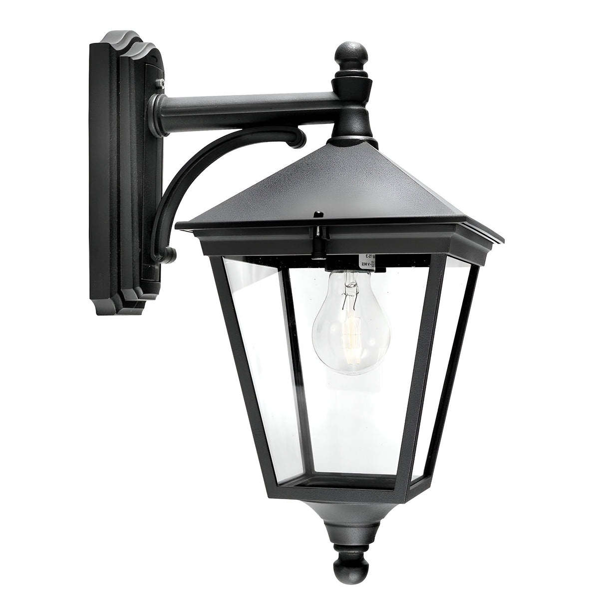 The Turin Outdoor 1 Light Down Wall Lantern in Black is a timeless piece crafted from die-cast aluminum. It features a clear glass enclosure with a visible bulb, an IP54 rating, a decorative top, and a curved arm that connects to the mounting plate.