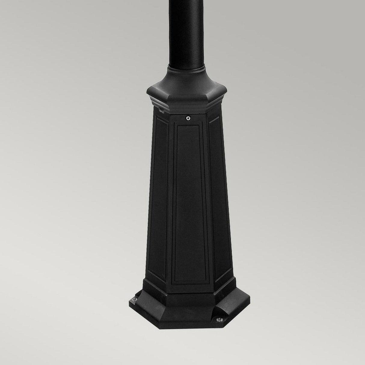 The Turin 2 Light Twin Lamp Post in black boasts a hexagonal die-cast aluminium base with decorative panels, presented on a light gray background.