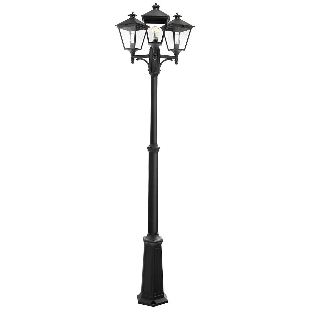 Introducing the Turin 3 Light Triple Lamp Post - Black: a vintage-inspired classic featuring three lanterns at the top with clear glass panels, each housing a single light bulb. It stands elegantly on a square base, making it perfect for garden illumination.