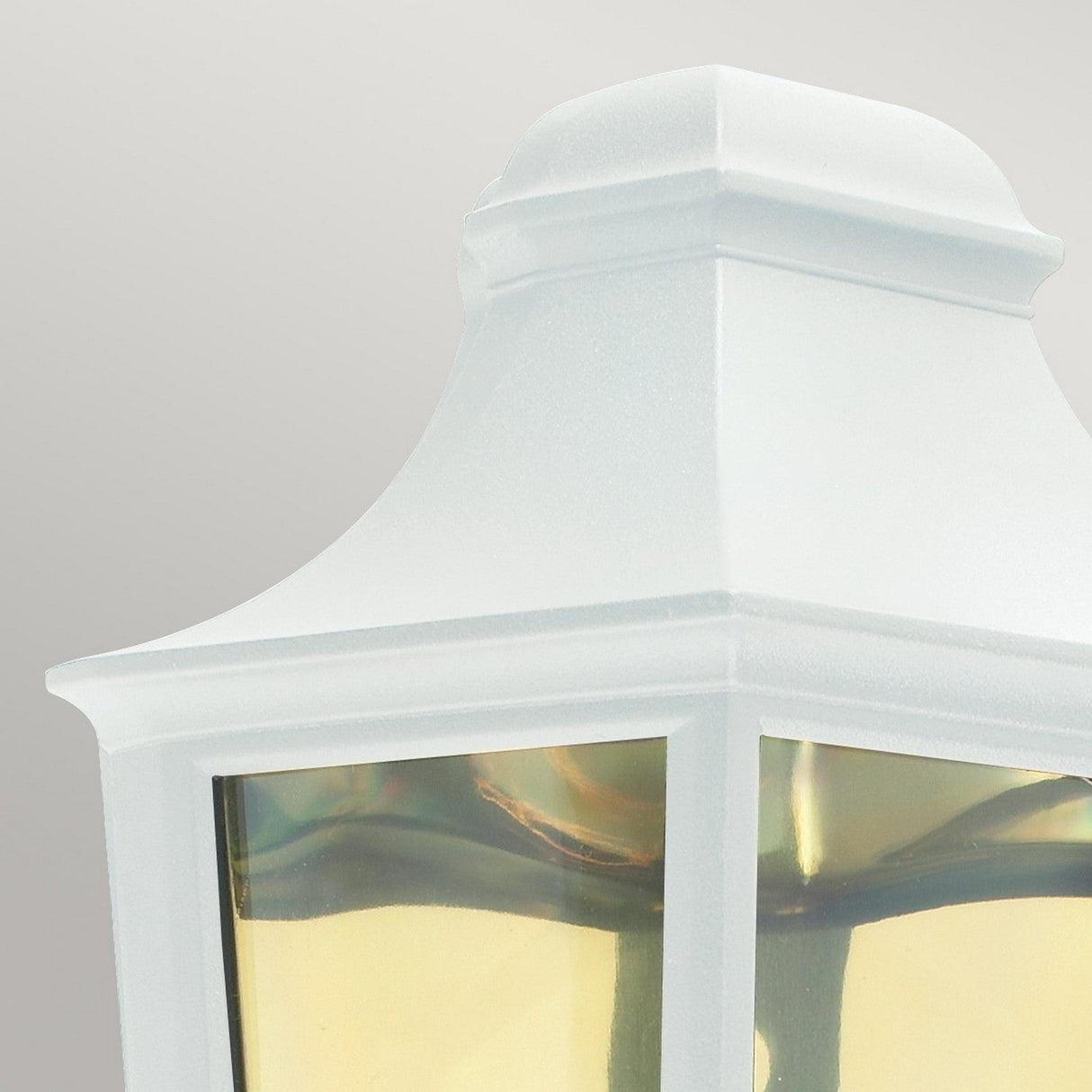 The Turin Outdoor 1 Light Half Lantern in white features a square top and clear glass panels, crafted from die-cast aluminum. Its sleek, modern design is elegantly showcased against a neutral grey background, making it an ideal choice for outdoor lighting.
