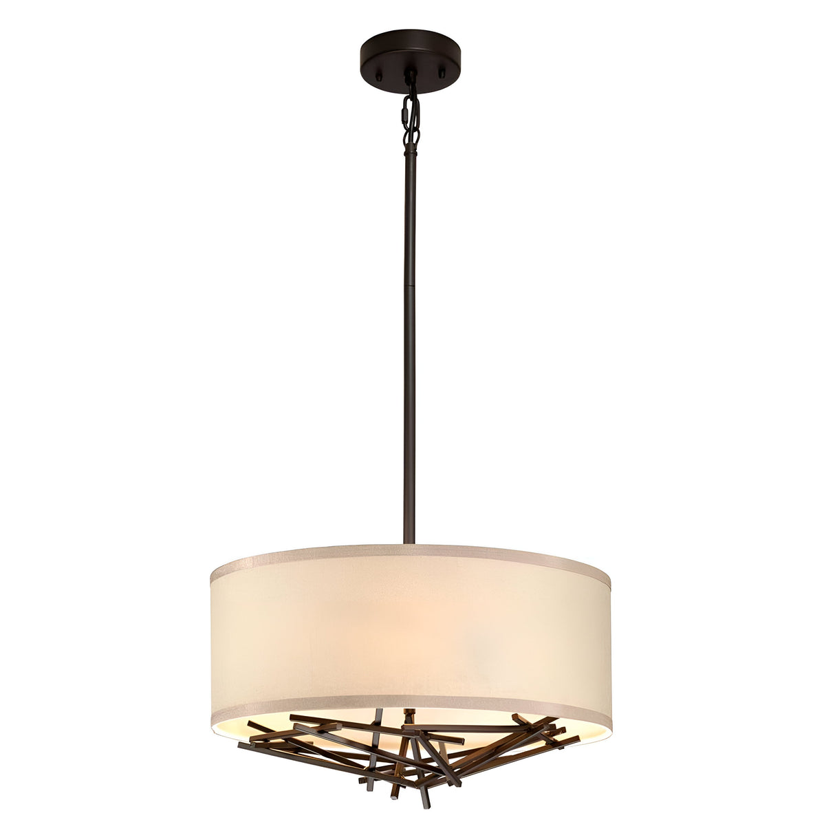 Introducing the Taiko 3 Light Chandelier - Olde Bronze: a modern pendant light featuring a beige cylindrical fabric shade and dark metal stem. It showcases an Olde Bronze finish with a decorative geometric metal design as its sculptural element, elegantly suspended from the ceiling by a chain.