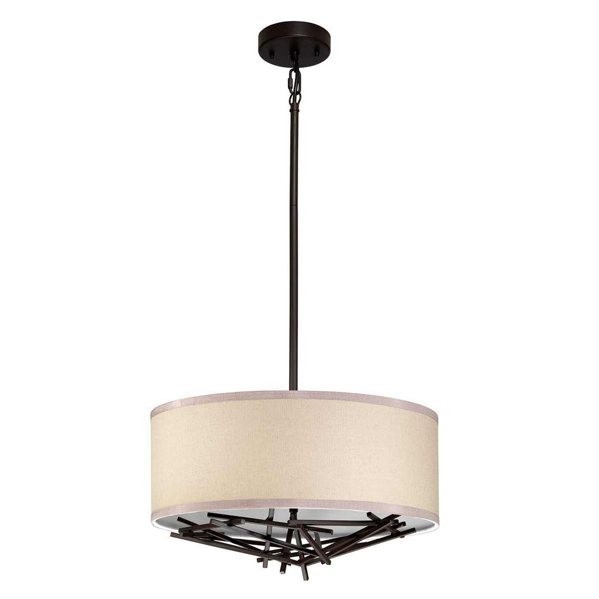 A modern pendant light featuring a beige, drum-shaped fabric shade with an Olde Bronze finish. It is suspended by a dark metal rod and canopy, and the bottom of the shade includes an abstract sculptural element similar to that of the Taiko 3 Light Chandelier - Olde Bronze.