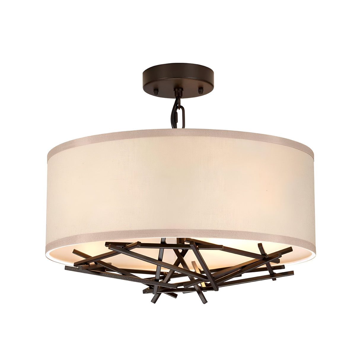 Featuring a large cylindrical cream-colored fabric shade and decorative black metal rods in a geometric pattern, this modern ceiling light fixture adds a sculptural element to your space. Mounted on a round black base, it exudes the sophisticated style similar to the Taiko 3 Light Chandelier in Olde Bronze.
