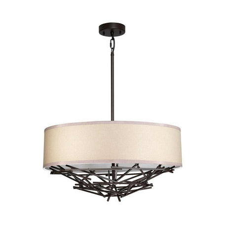 The Taiko 4 Light Chandelier showcases a contemporary ceiling light design, featuring a neutral linen shade encased within a geometric metal frame. Its refined elegance is further enhanced by an Olde Bronze rod and base, providing timeless charm.