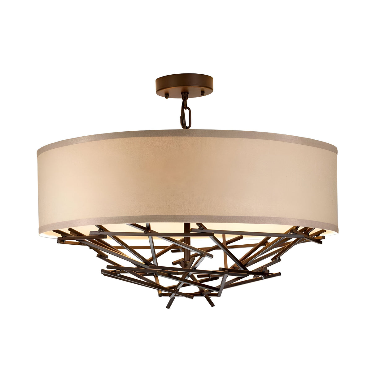 The Taiko 4 Light Chandelier - Olde Bronze showcases a prominent, neutral linen shade and an eye-catching geometric Olde Bronze metal design. It is elegantly suspended by a short chain, combining sophistication with contemporary style.