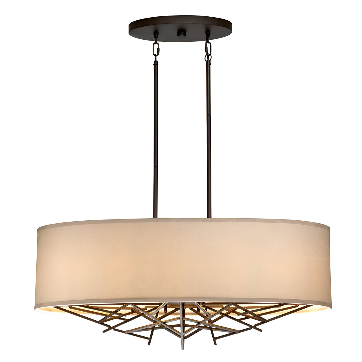 Introducing the Taiko 5 Light Island Suspension Light in Olde Bronze, featuring a contemporary round beige fabric drum shade complemented by Olde Bronze metal accents. This fixture includes two vertical rods connected to a circular base and showcases an intricate geometric metal design beneath, infusing timeless elegance and sophisticated charm into any space.