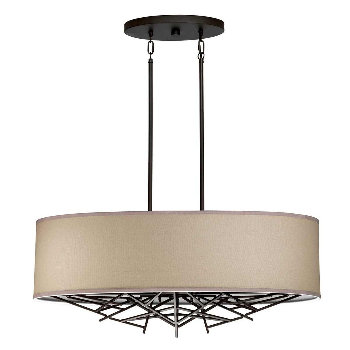 The Taiko 5 Light Island Suspension Light - Olde Bronze showcases a modern aesthetic with a round beige fabric shade complemented by dark Olde Bronze metal accents in a geometric design. It elegantly hangs from two rods affixed to a circular ceiling mount, providing both style and sophistication.