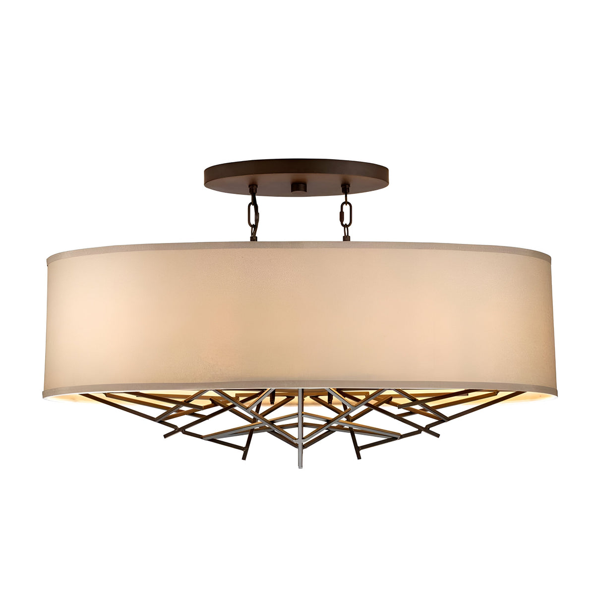 The Taiko 5 Light Island Suspension Light in Olde Bronze is a stylish ceiling fixture with a spacious beige fabric drum shade complemented by Olde Bronze metal accents. Its abstract geometric design and short chain connected to a circular ceiling plate make it an elegant choice for any space.