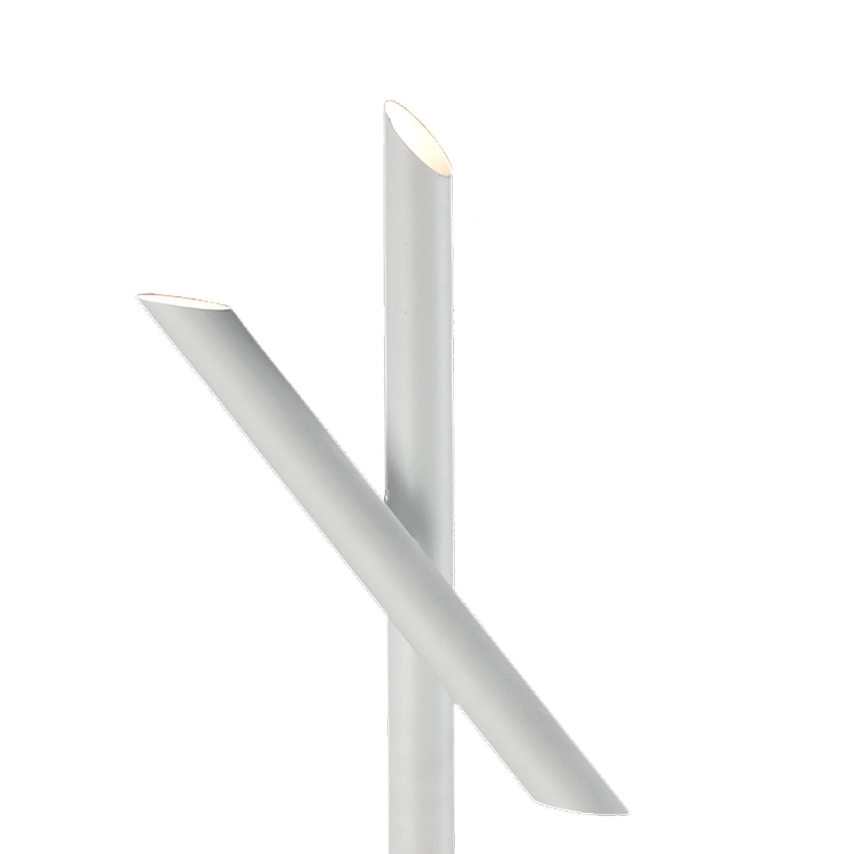 The Take Blanco Dimmable LED Floor Lamp features two slender, diagonal tubes in white with angled tops, emitting soft 3000K light. A touch dimmer lets you easily adjust brightness—ideal for modern interiors. 9W LED included.